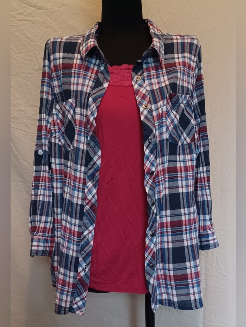 Catherines Red, Navy & Light Blue Plaid Button-Up Utility Shirt Blouse - Picture 8 of 12